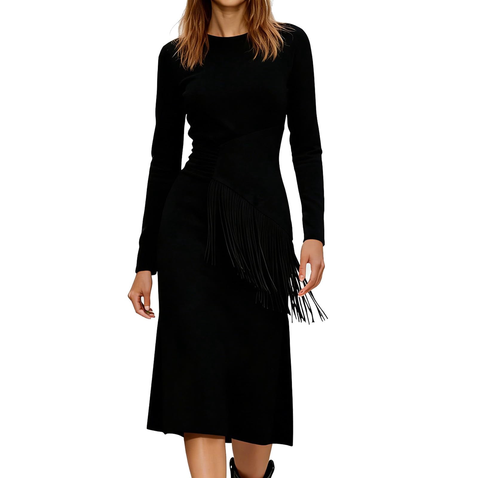 Womens Western Fringe Midi - Long Sleeve Faux Suede Boho Cowgirl Side Split Bodycon Dress with Asymmetrical Tassel Waist