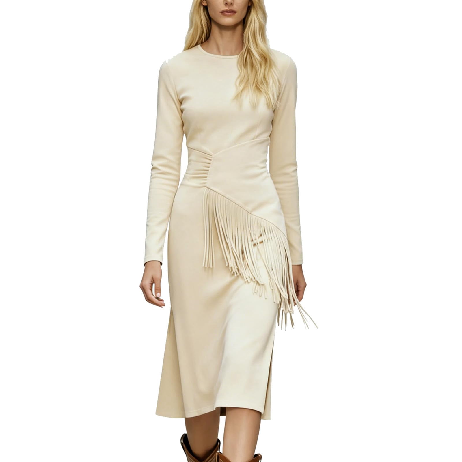 Womens Western Fringe Midi - Long Sleeve Faux Suede Boho Cowgirl Side Split Bodycon Dress with Asymmetrical Tassel Waist