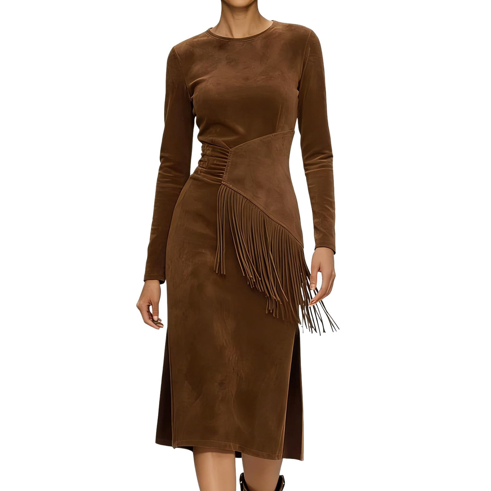 Womens Western Fringe Midi - Long Sleeve Faux Suede Boho Cowgirl Side Split Bodycon Dress with Asymmetrical Tassel Waist