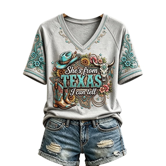 Womens Western Graphic V Neck Short Sleeve T Shirt Casual Relaxed Fit Cowboy Hat Boots Floral Skull Print Top