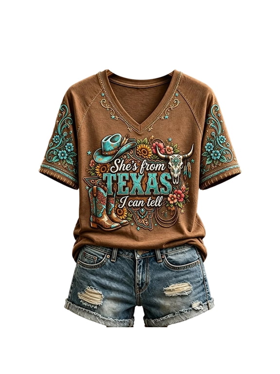 Womens Western Graphic V Neck Short Sleeve T Shirt Casual Relaxed Fit Cowboy Hat Boots Floral Skull Print Top