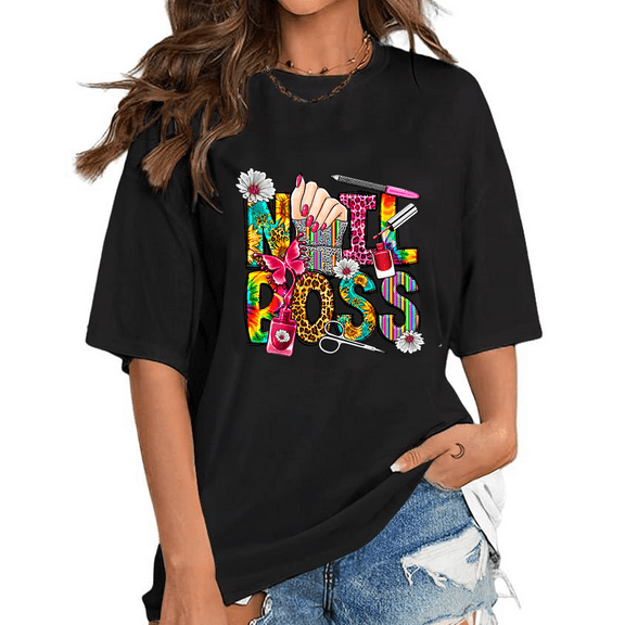 Womens Western Nail Hustler Print Tshirts Leopard Nail Technician Digital Graphic Tees Short Sleeve Casual Tops Black,XL