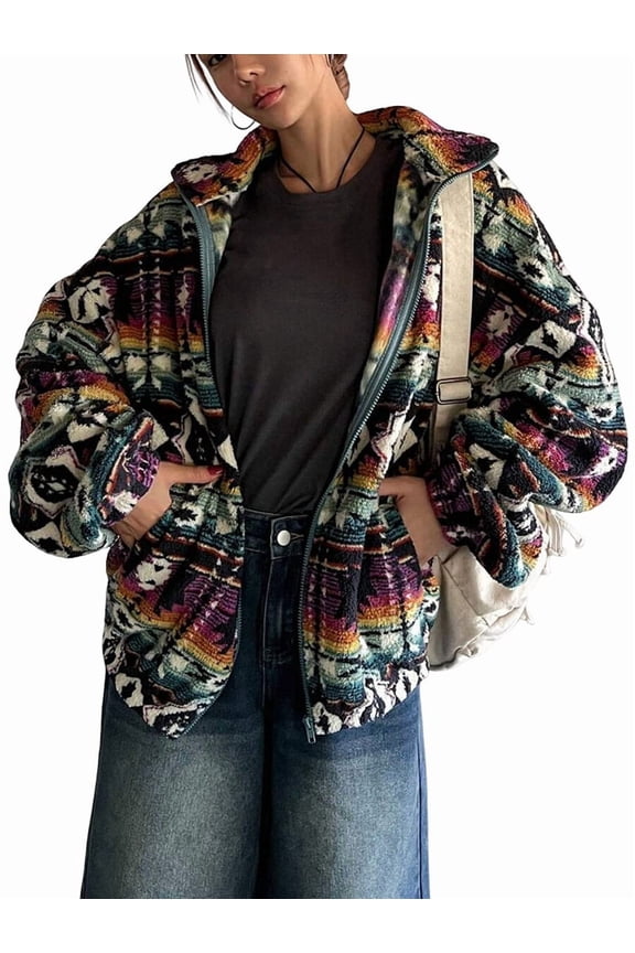Womens Western Print Zip Up Hoodies Sweatshirt Fleece Jacket Coat with Pockets Casual Warm Outwear Color Pattern S