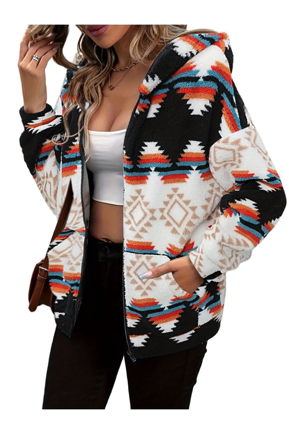 Womens Western Print Zip Up Hoodies Sweatshirt Fleece Jacket Coat with Pockets Casual Warm Outwear Color Pattern XL