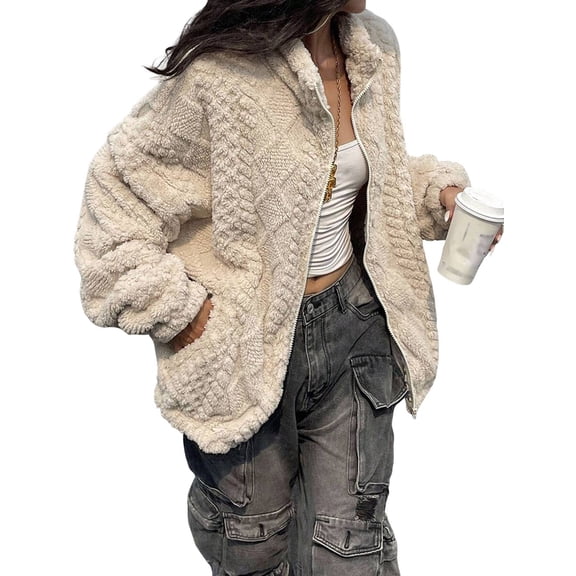 Womens Western Print Zip Up Hoodies Sweatshirt Fleece Jacket Coat with Pockets Casual Warm Outwear Cream White L