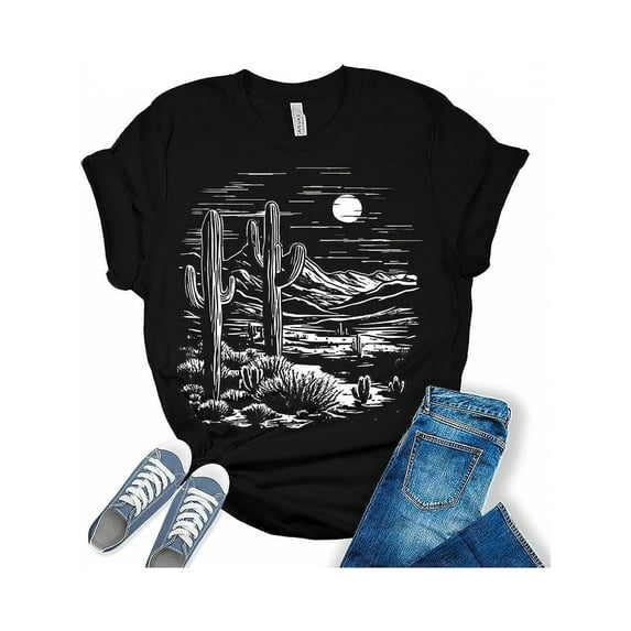 Womens Western Shirts Casual Desert Cactus Cotton T-Shirts Cute Country Short Sleeve Graphic Tees Plus Size Tops for Women