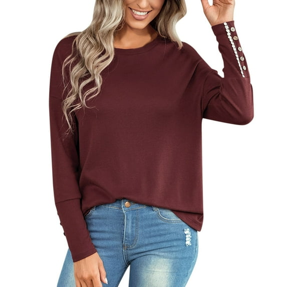 Womens Western Shirts Womens Loose Fit T Shirts Womens Casual Solid Color Long Sleeve T Shirt Shirt Loose Crew Neck Tunic T Shirt Women Plane Tee Shirts Women's Long Sleeve V Neck