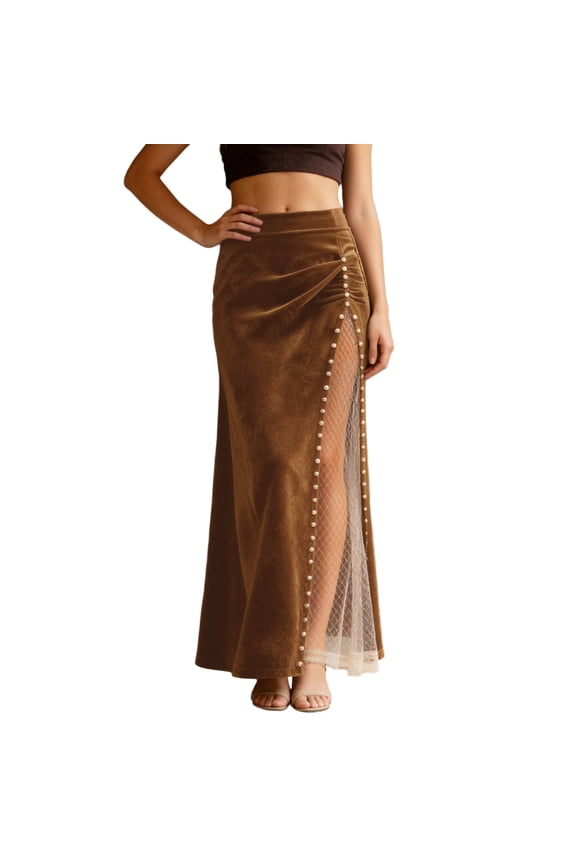 Womens Western Style Long Maxi Skirt with Sheer Mesh Insert and Beaded Embellishments Ankle Length Boho Skirt Brown S