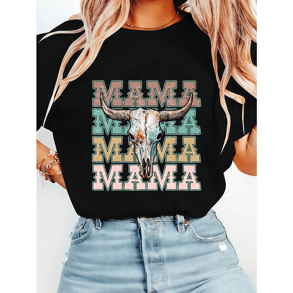 Womens Western Style Mama Print Tshirts Mom's Country Graphic Tees Casual Mother's Day Short Sleeve Tops Cotton Shirts Gift for Mom Black,3XL