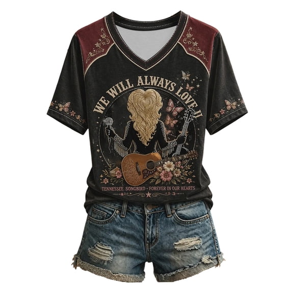 Womens Western T-Shirt Vintage Dolly Shirt, Parton Memorial T-Shirt, Country Legend Tee, Stylish Graphic Print Tshirt Tops Soft T Shirts