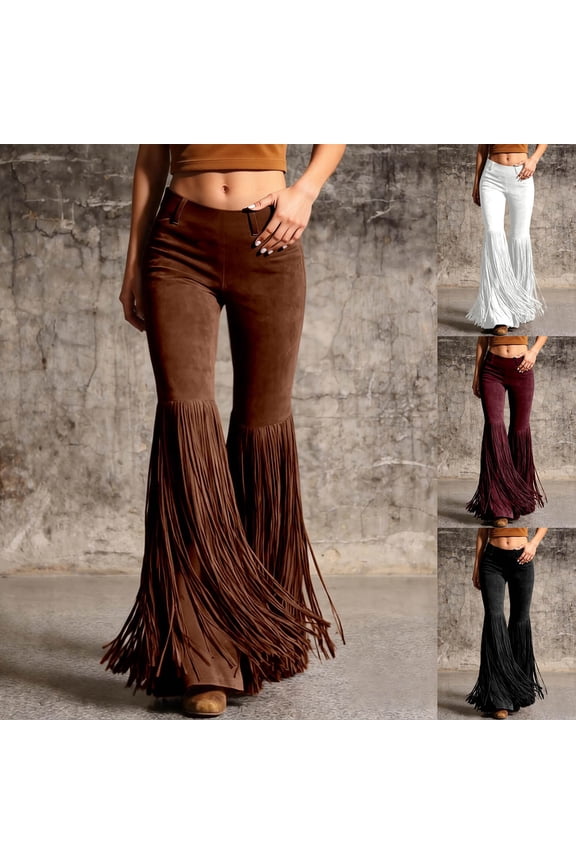 Womens Western Tassel Flare Leg Pants Fringe Trim Skinny Bell Bottom High Waist Trousers Vintage Boho Bodycon Pants Red L