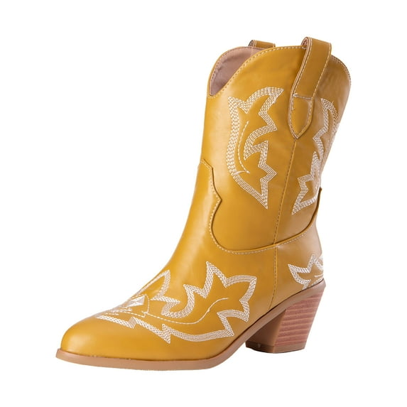 Womens Western Wide Mid Calf Cowboy Cowgirls Boots Vintage Leather Chunky High Heel Knight Riding Boots Yellow