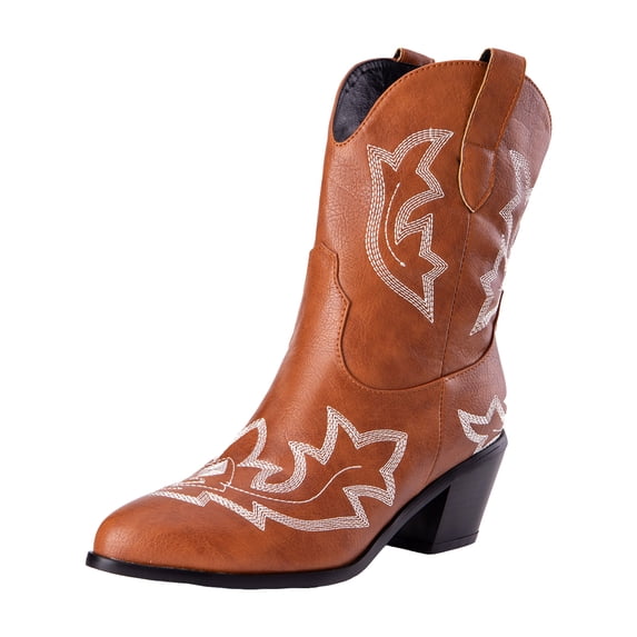 Womens Western Wide Mid Calf Cowboy Cowgirls Boots Vintage Leather Chunky High Heel Knight Riding Boots