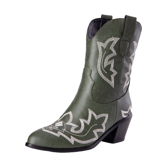 Womens Western Wide Mid Calf Cowboy Cowgirls Boots Vintage Leather Chunky High Heel Knight Riding Boots