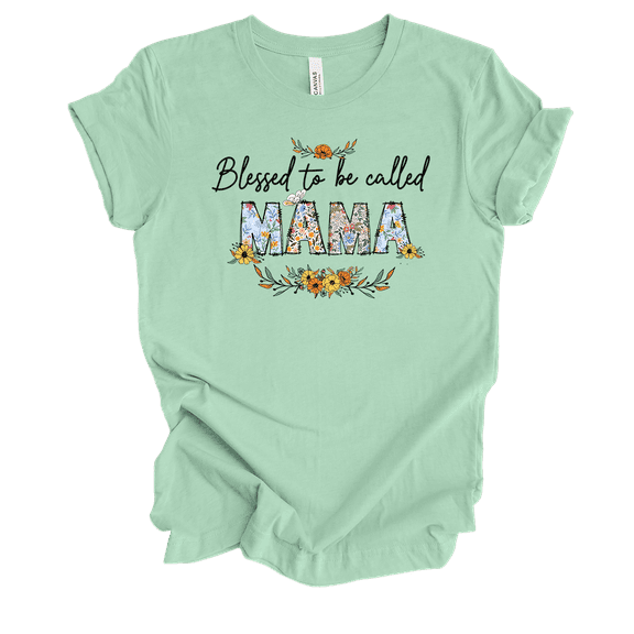 Womens Whimsical Floral Blessed To Be Mother's Day Ladies Mint Short Sleeve T-Shirt-Mama-Large