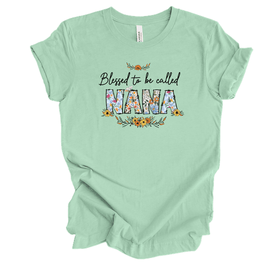 Womens Whimsical Floral Blessed To Be Mother's Day Ladies Mint Short Sleeve T-Shirt-Nana-Large
