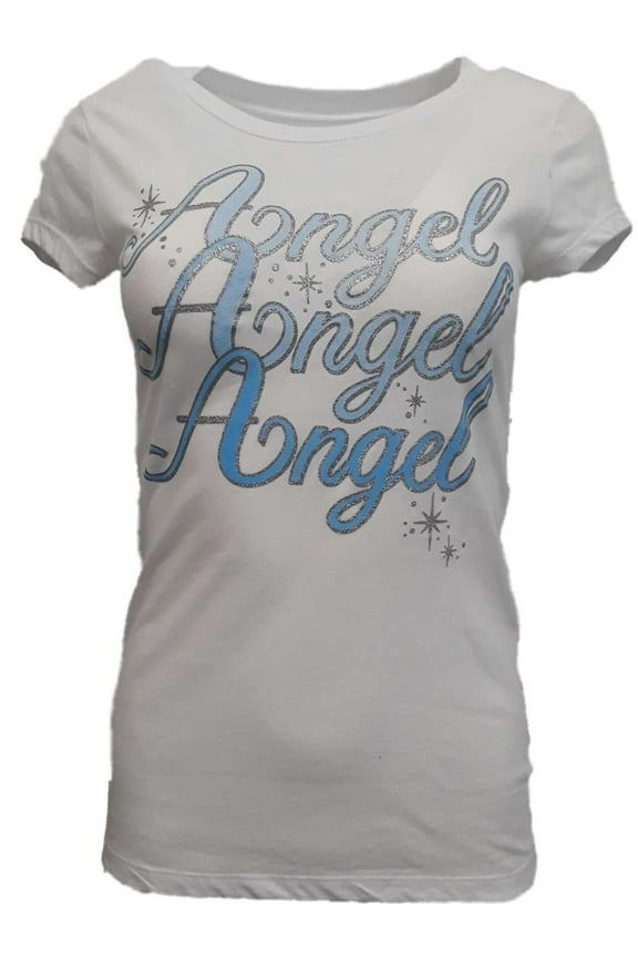 Womens White Angel Glitter Wings Metallic Accent Halloween Holiday T-Shirt