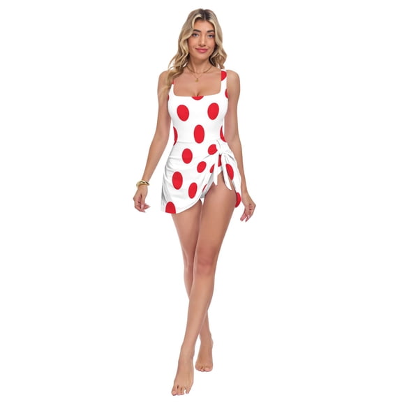 Womens White Background Red Polka Dots Pattern Print 2-in-1 Swim Dress Detachable Skirt One-Piece Swimsuit Square Neck S-XXL