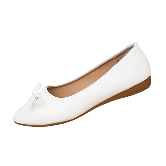 Womens White Ballet Flats - Faux Faux Leather Pointed Toe Bow Low Wedge Heel Comfortable Slip On Work Casual Shoes,Size 9