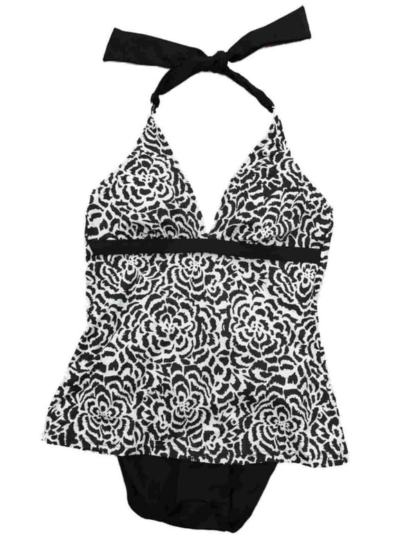 Womens White & Black Floral Bathing Flower Single Piece Swimming Suit Small