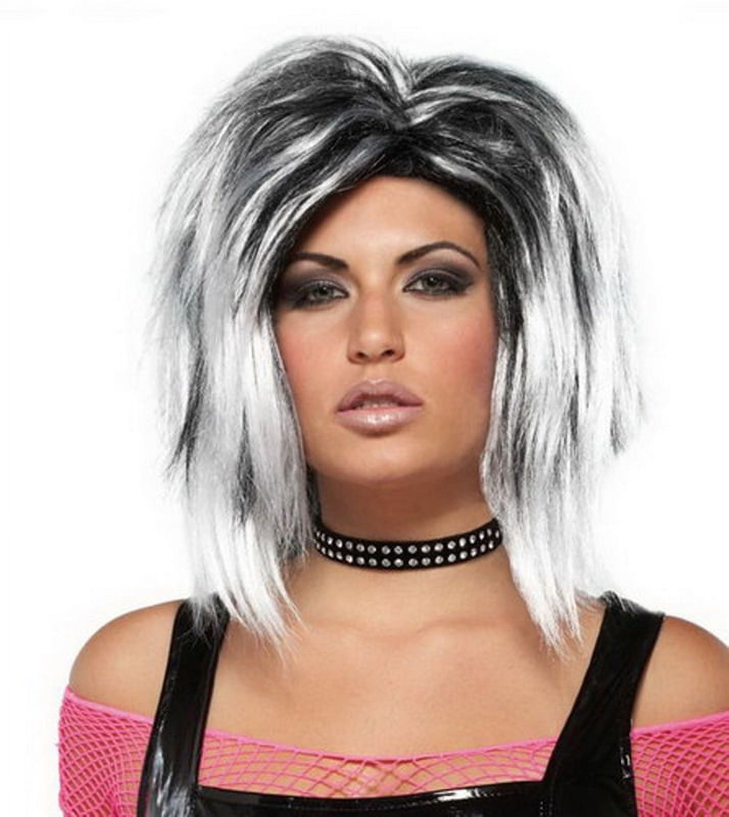 Womens White & Black Punk Rocker Rock Longer Halloween Costume Wig