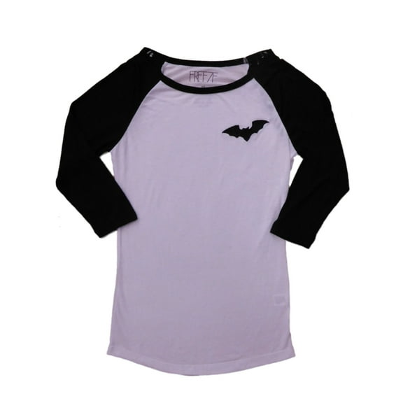 Womens White & Black Semi-Sheer 3/4 Sleeve Bat Man Halloween Tee Shirt XS