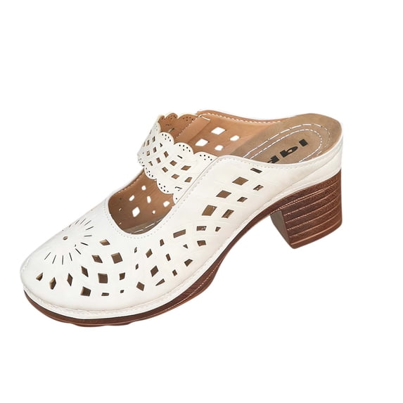 Womens White Block Heel Mule Sandals | Breathable Cut-Out Summer Slide | Comfortable Casual & Dressy Slip-On Shoes,Size 5.5