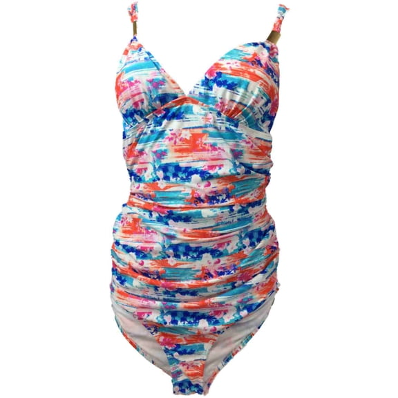 Womens White Blue Orange & Pink Tropical Floral Single Piece Swimming Suit