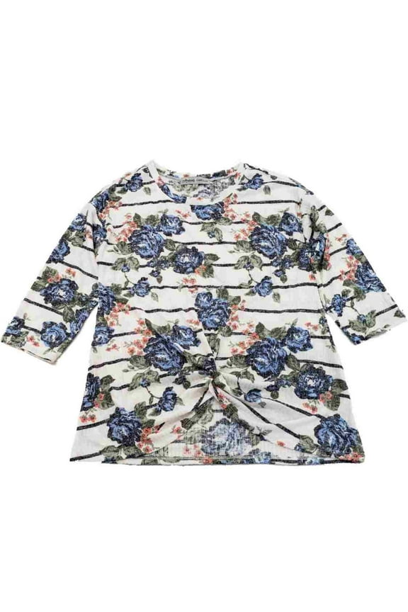 Womens White & Blue Rose Flower Stripe Print Ribbed Stretch Shirt Top Blouse S