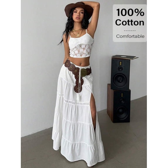 Womens White Boho High-Slit Tiered Maxi Skirt Cotton Elastic Waist Lace