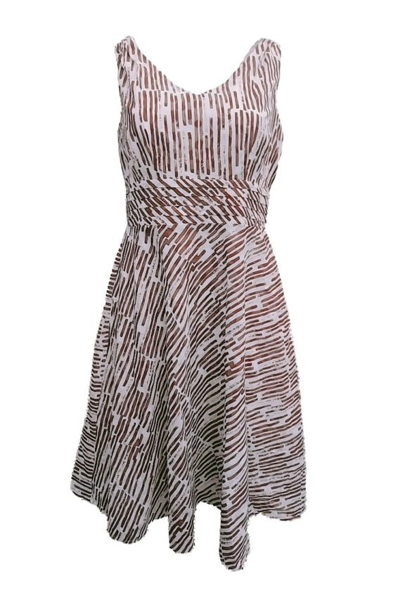 Womens White Brown Striped Polka Dot Print A-Line Dotted Dress