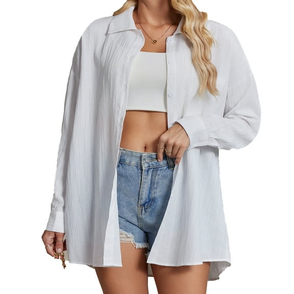 Womens White Button Down Shirt Casual Lapel Long Sleeve Pocket Blouses Fall Outfits