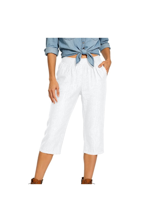 Womens White Capri Pants, Soft Stretch Elastic Waistband Cropped Lounge Pull-On Casual Pants for Women,Size M