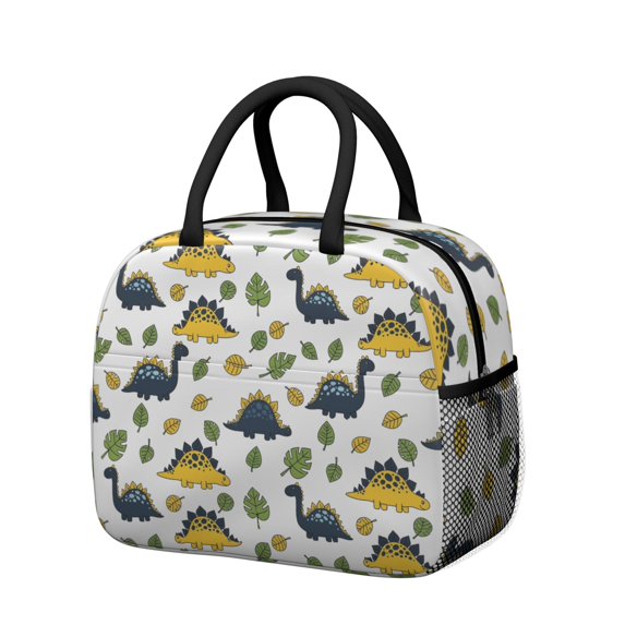 Womens White Cartoon Dinosaurs Green Yellow Leaves Pattern Lunch Box for Work,Insulated Lunch Bag for Women,Loncheras Para Mujer,Leakproof Adult Lunch Bag for Work,Beach,Travel,Picnic,Camping