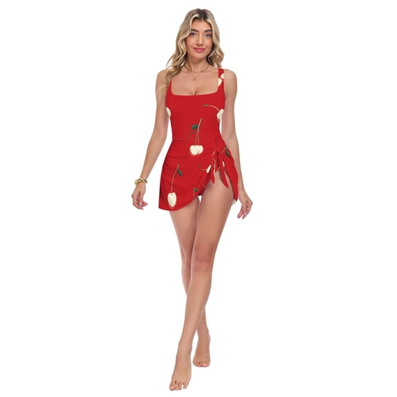 Womens White Cherry Pattern Print 2-in-1 Swim Dress Detachable Skirt One-Piece Swimsuit Square Neck S-XXL