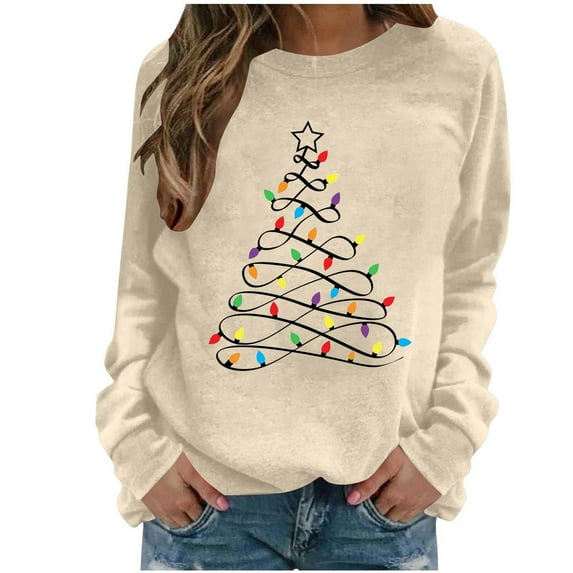 Womens White Christmas Sweatshirt Christmas Tree Graphic Fleece Pullover Xmas Holiday Party Long Sleeve Sweatshirts
