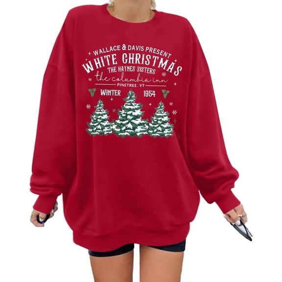 Womens White Christmas Sweatshirt Crewneck Christmas Tree Graphic Shirts Oversized Xmas Pullover Sweater