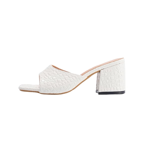 Womens White Chunky Heel Mules - Crocodile Embossed Square Toe Slip On Sandals, Dressy Block Heels for Summer & Wedding Guest,Size 7.5