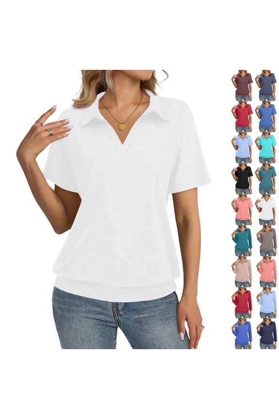Womens White Collared Shirt Polo Shirts V Neck Banded Bottom Short Sleeve Basic Knit Pullover Blouses