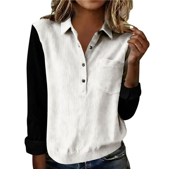 Womens White Color Block Shirt, Relaxed Fit Long Sleeve Casual Top, Cotton Spandex Half Button Shirt with Pocket for Everyday & Work,Size L