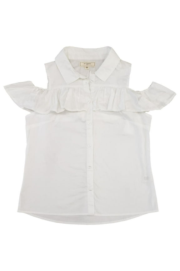 Womens White Cotton Cold Shoulder Ruffle Short Sleeve Dress Shirt Top Blouse L