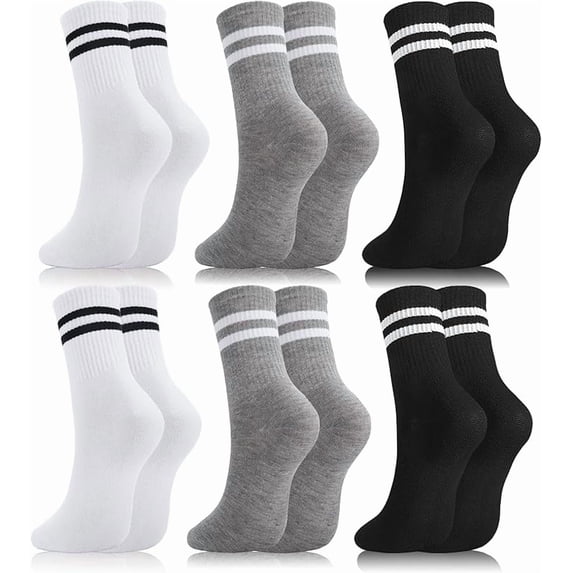 Womens White Crew Socks 6 Pair Striped Trim Casual Crew Socks Mid Calf Ankle Sock Vintage Retro Gym Running