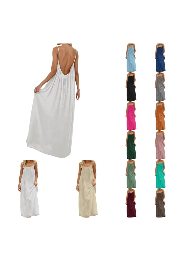 Womens White Dresses Sleeveless Open Back Long House Dresses Solid Color Plus Spaghetti Strap Dresses