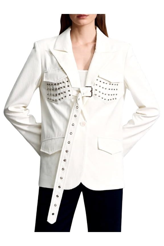 Womens White Elegant Suit Jacket Rivet Lapel Slit Hem Loose Outerwear with Belt M
