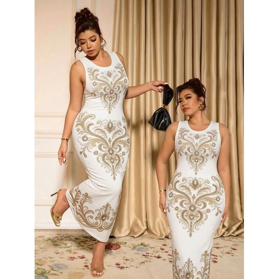 Womens White Elegant Waist-Cinching Party Dress With Gold Embroidery
