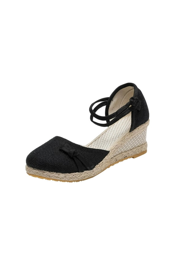 Womens White Espadrille Wedge Sandals Cute Bow Tie Round Toe Casual D'Orsay Shoes for Work Office Wedding Dancing