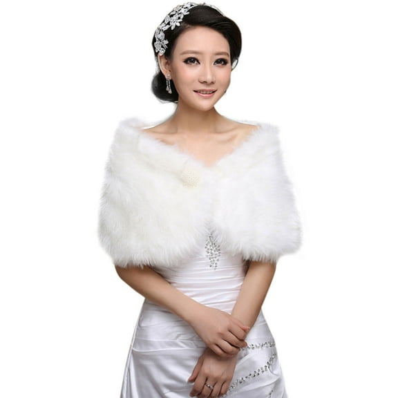 Womens White Faux Fur Bridal Wrap Stole Shawl Cape Wedding Artificial Pearl Ball