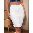 thumbnail image 1 of Womens White Fitted Denim Mini Skirt With Raw Hem And Button Front, 1 of 30