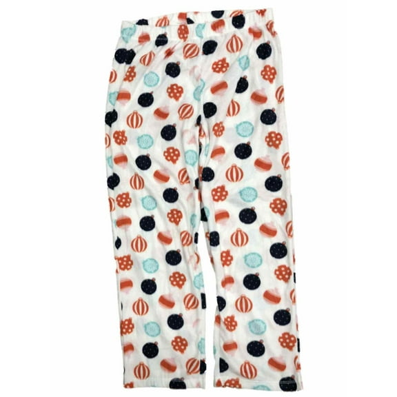 Womens White Fleece Christmas Ornament Holiday Pajama Bottoms Sleep Pants Large