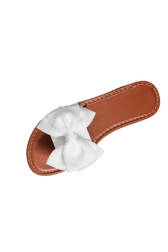 Womens White Fluffy Bow Slide Sandals, Comfortable & Fashionable Flat Summer Slides for Beach & Casual Wear,Size 37